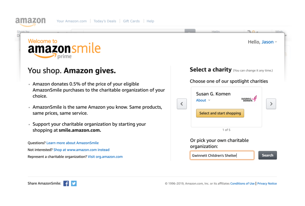 AmazonSmile donates to the charitable organization of your choice.